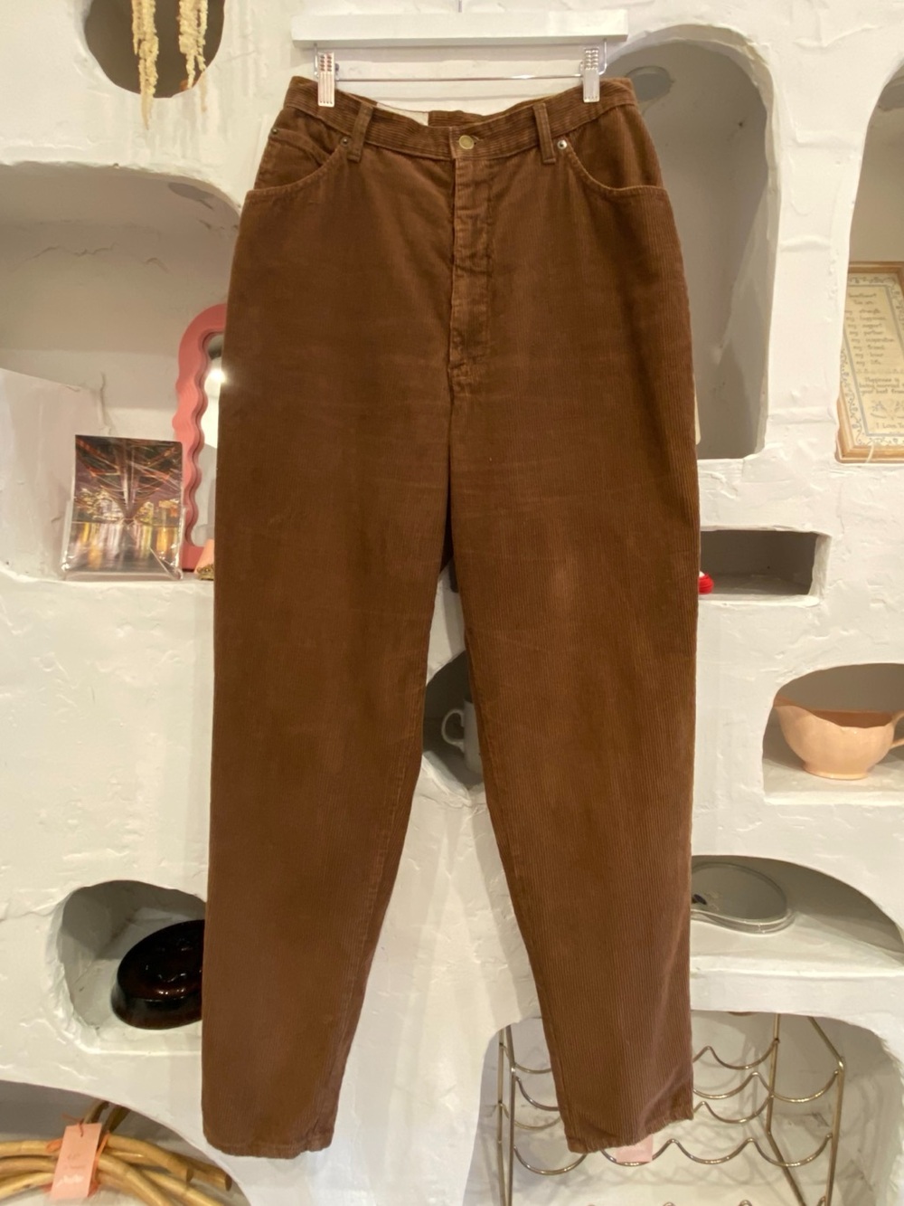Vintage Tall Girl High Rise Brown Corduroy Tapered Pants w Pockets & Long Inseam